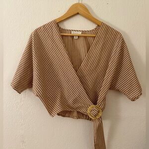 TOPSHOP Striped Wrap Tie Front Cropped Blouse with Buckle | Size 4